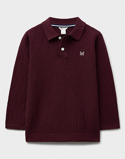 Reverse Check Long Sleeved Knitted Polo Shirt in Deep Red