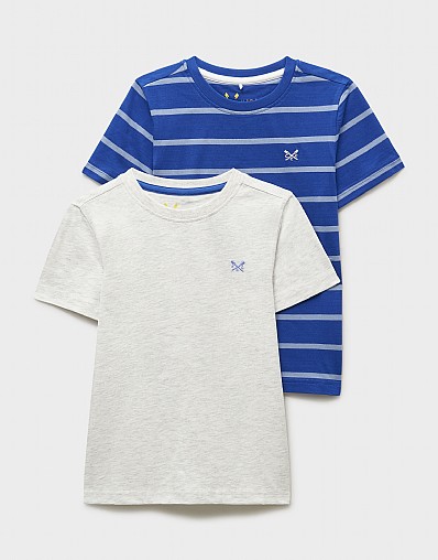 2 Pack Stripe & Plain Classic Tee in Grey & Blue
