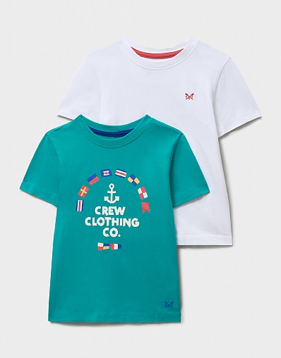 2 Pack Print & Plain Classic Tees in White & Turquoise Green