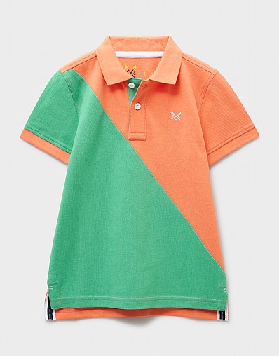 Cotton Pique Slash-Panel Polo in Green & Orange