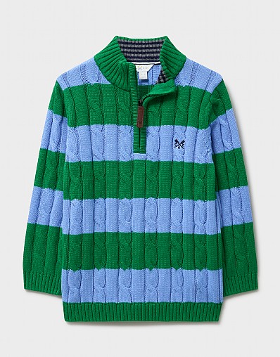 Oarsman Cotton Half-Zip Cable Jumper in Blue & Green Stripe
