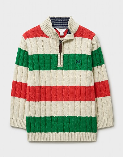 Oarsman Cotton Half-Zip Cable Jumper in Stone, Green & Red Stripe