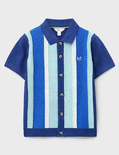Stripe Knitted Cotton Polo Shirt in Navy