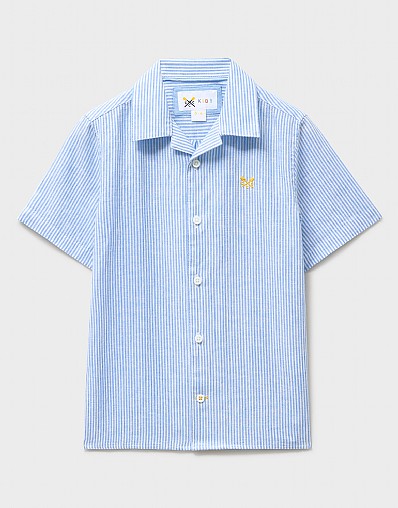 Linen-Blend Resort Shirt in Blue Seersucker Stripes
