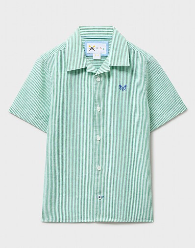 Linen-Blend Resort Shirt in Green Seersucker Stripes