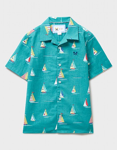 Linen-Blend Resort Shirt in Turquoise Boat Print