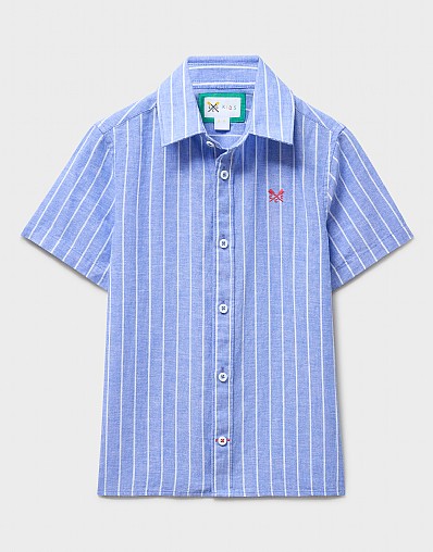 Short Sleeve Cotton-Linen Shirt in Blue Stripes
