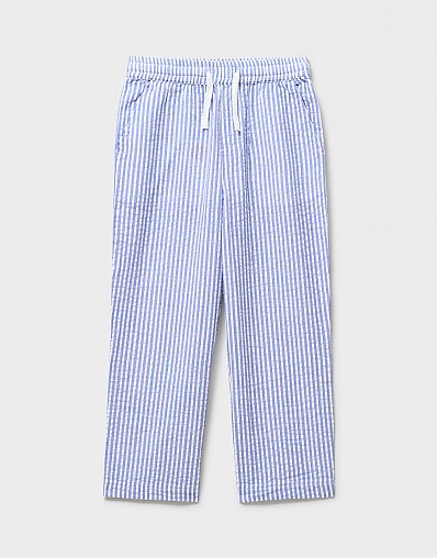 Drawstring Relaxed Cotton Trousers in Blue and White