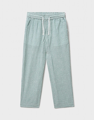 Drawstring Relaxed Cotton Trousers in Green and White