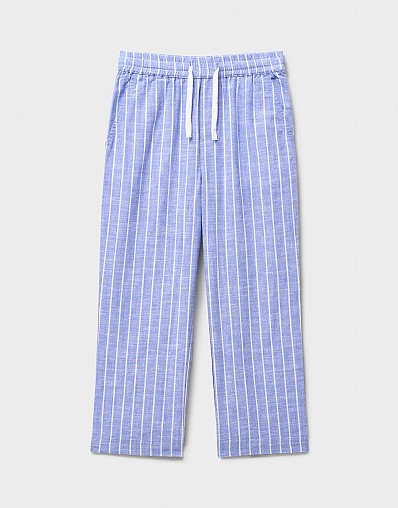 Drawstring Relaxed Cotton Trousers in Blue and White