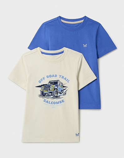 2 Pack Print & Plain Classic Tees in Beige & Blue