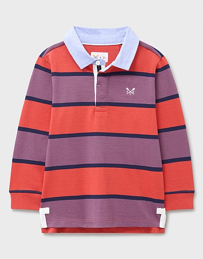 Stripe Cotton Rugby Shirt with Chambray Collar in Red