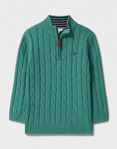 Cable Knit Cotton Half Zip Jumper in Aqua Green