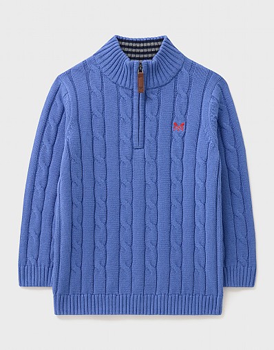 Cable Knit Cotton Half Zip Jumper in Blue