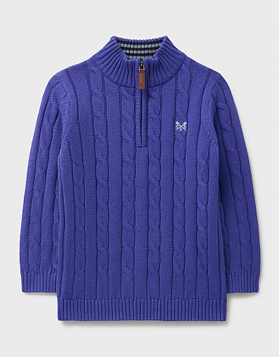 Cable Knit Cotton Half Zip Jumper in Deep Blue