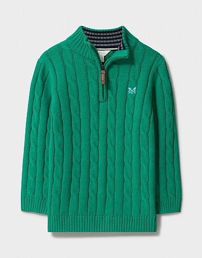 Cable Knit Cotton Half Zip Jumper in Emerald Green