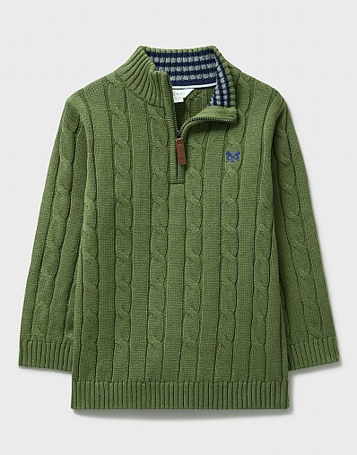 Cable Knit Cotton Half Zip Jumper in Khaki Green