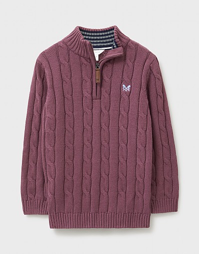 Cable Knit Cotton Half Zip Jumper in Mauve