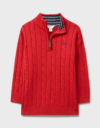 Cable Knit Cotton Half Zip Jumper in Red