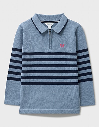 Striped Cotton Knitted Polo Jumper in Blue and Navy
