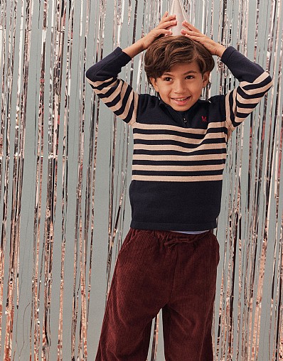Striped Cotton Knitted Polo Jumper in Navy and Oatmeal