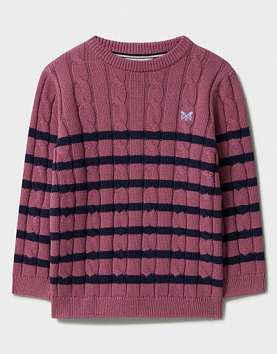 Stripe Cotton Cable Crew Neck Jumper in Rose Pink and Navy