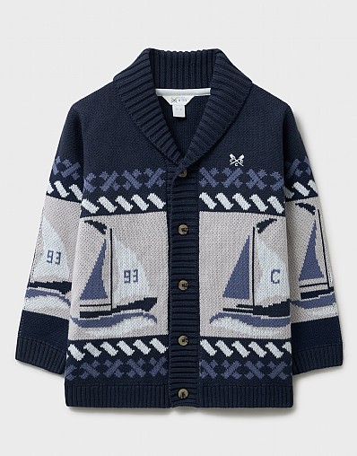 Cable Cotton Shawl Cardigan in Navy with Sailboat Design