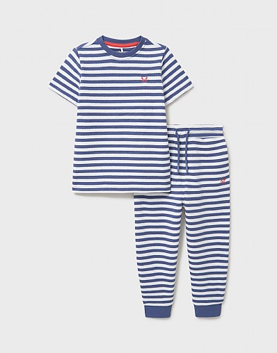 Waffle Jersey Pyjama Set in Blue and White Stripe