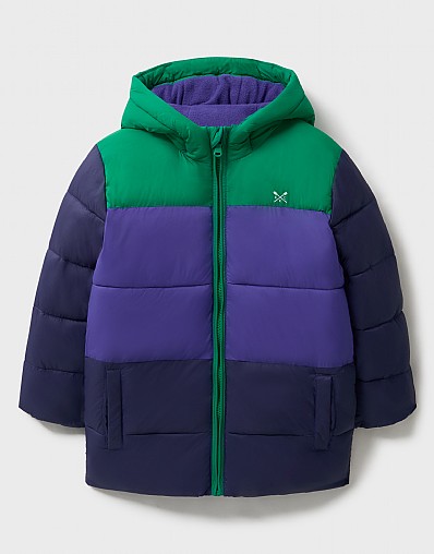 Cosy Midweight Colourblock Puffa Jacket in Green and Blue