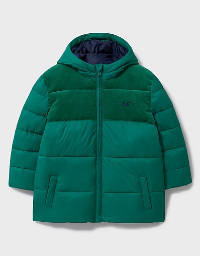 Cord Yoke Cosy Puffer Jacket in Green
