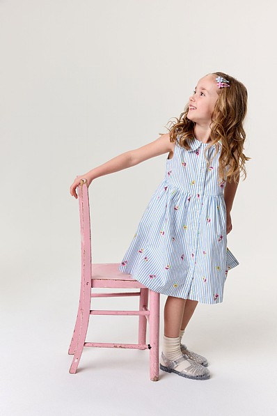 Floral Cotton Stripe Sleeveless Dress in Blue & White