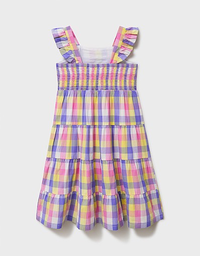 Girls' Cotton Tiered Dress in Multicoloured Check from Crew Clothing