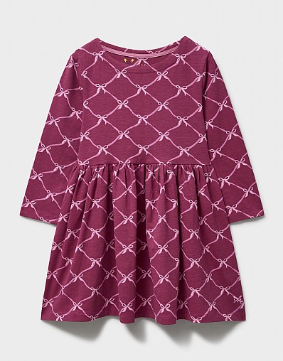 Classic Bow Printed Long Sleeve Jersey Dress in Pink