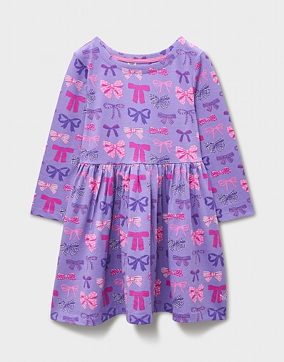 Classic Bow Printed Long Sleeve Jersey Dress
