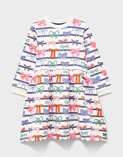 Bow Printed Sweatshirt Dress in Navy and White Stripes