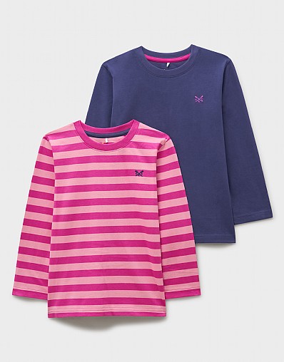 2 Pack Long Sleeve Plain and Stripes T-Shirts in Purple & Magenta