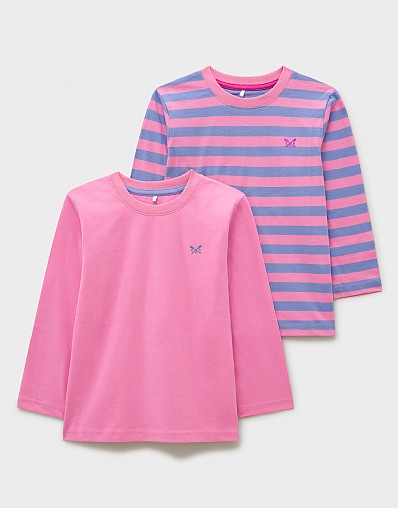 2 Pack Long Sleeve Plain and Stripes T-Shirts in Pink and Purple