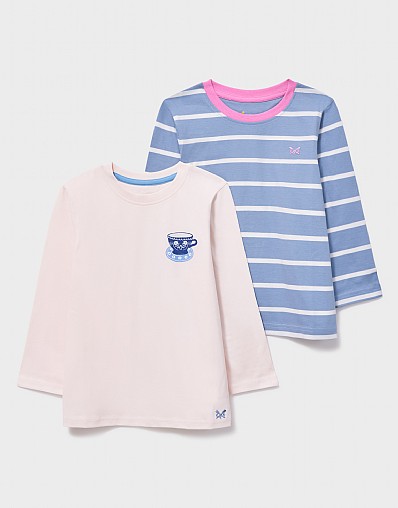 2 Pack Long Sleeve Graphic and Striped Tees In Blue Multi