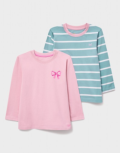 2 Pack Long Sleeve Graphic and Striped Tees In Green Multi