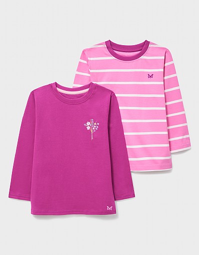 2 Pack Long Sleeve Graphic and Striped Tees In Pink Multi