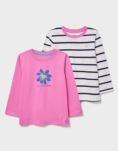 2 Pack Long Sleeve Graphic and Striped Tees In Navy, Pink & White