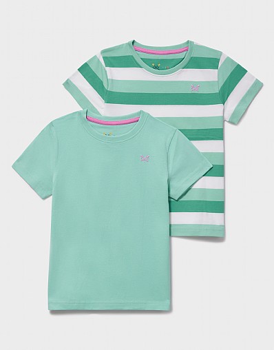 Two-Pack Short Sleeve Plain and Stripe Tees in Green and White