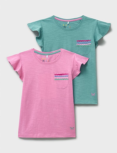 Two-Pack Frill Sleeve Pocket Tees in Pink and Green