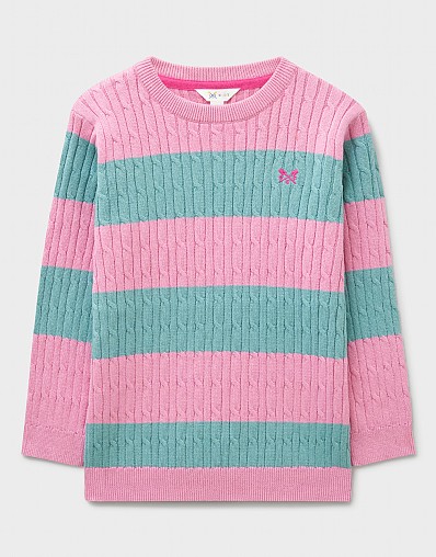 Heritage Cable Crew-Neck Jumper in Green & Pink Stripe