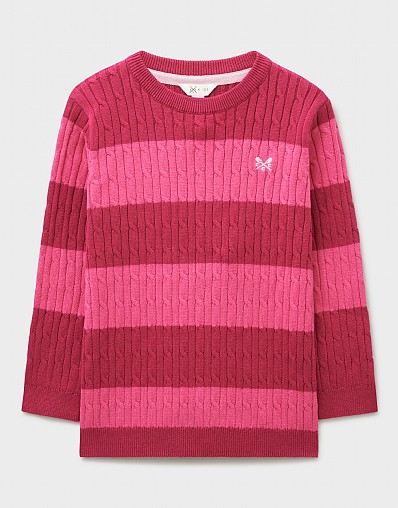 Stripe Heritage Cable Crew Neck Jumper in  Pink