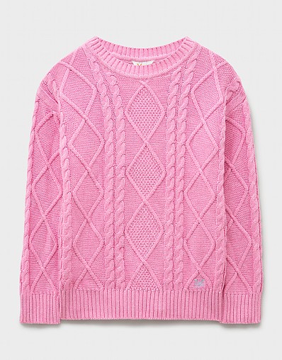 Heritage Cable Chunky Crew Neck Jumper in Bubblegum Pink