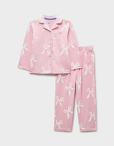 Brushed Cotton-Jersey PJ Set in Light Pink Bow Print