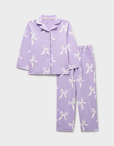 Brushed Cotton-Jersey PJ Set in Lilac Bow Print