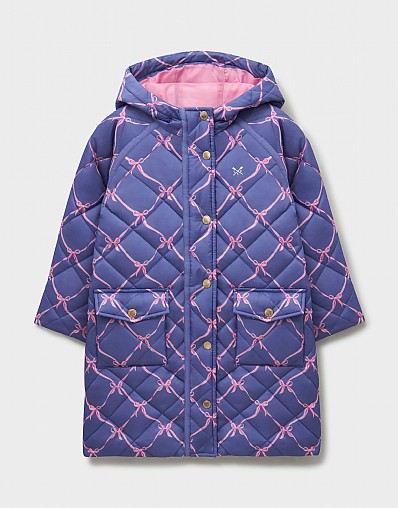 Hooded Diamond-Quilt Bow-Print Coat in Deep Blue