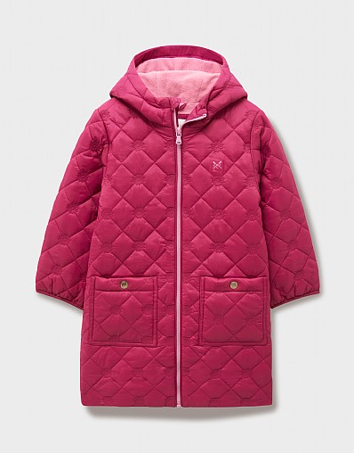 Diamond Flower Printed Lightweight Longline Puffa Coat in Magenta Pink